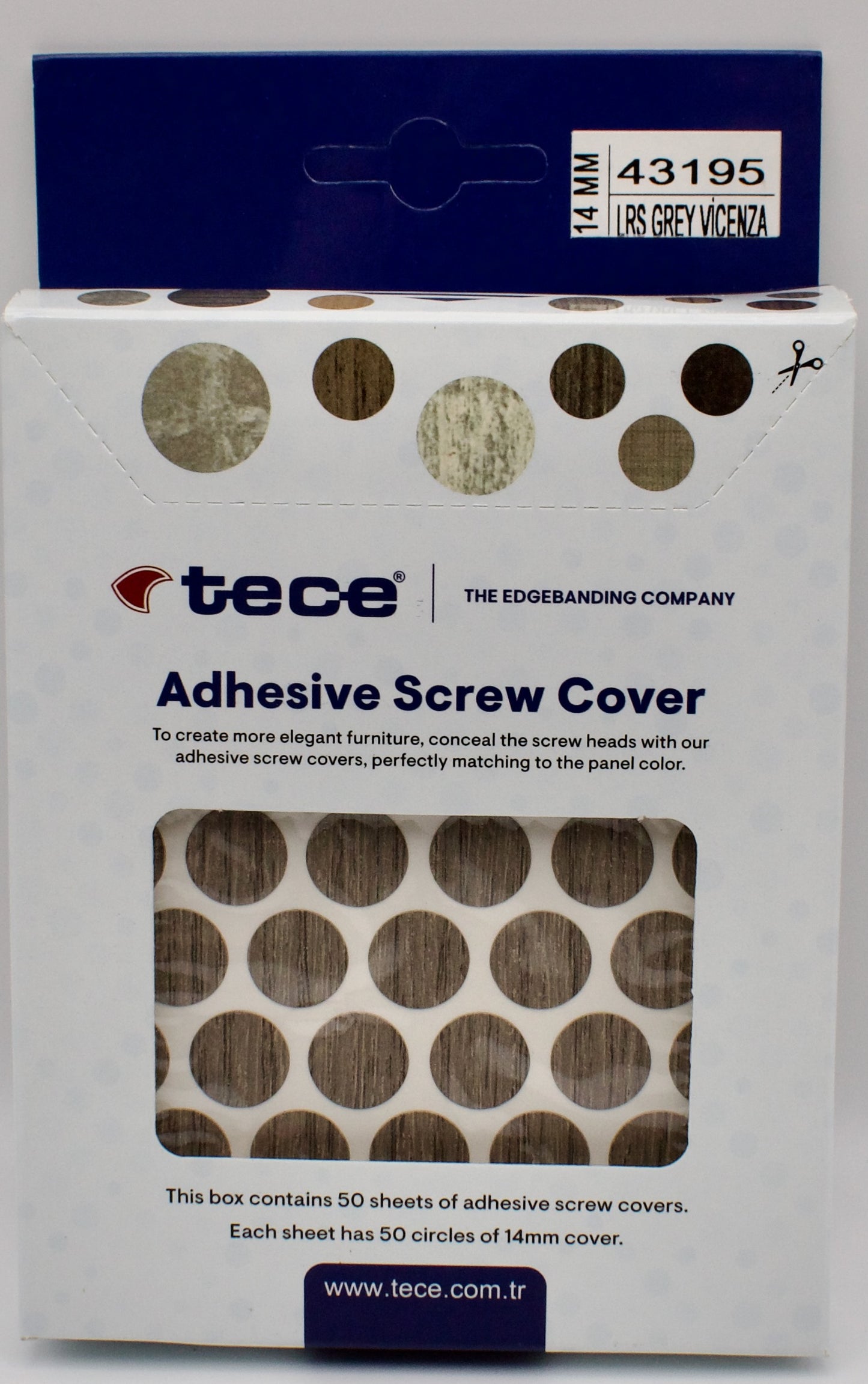 Tece Self Adhesive Screw Hole Cover Caps 14mm - 50 Caps - Grey Vicenza (H3158 ST19)