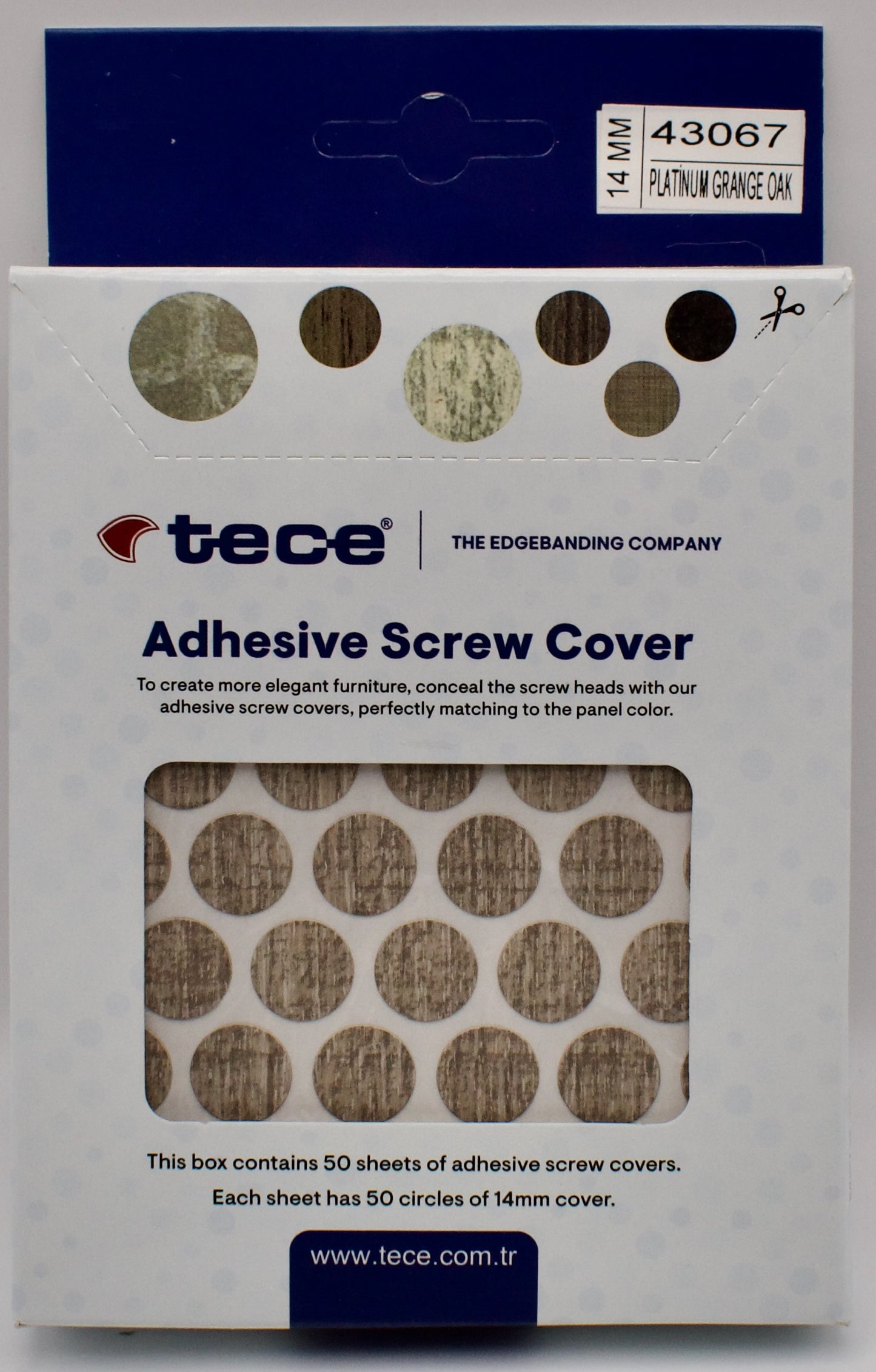 Tece Self Adhesive Screw Hole Cover Caps 14mm - 50 Caps - Platinum Grange Oak (K355 PW)