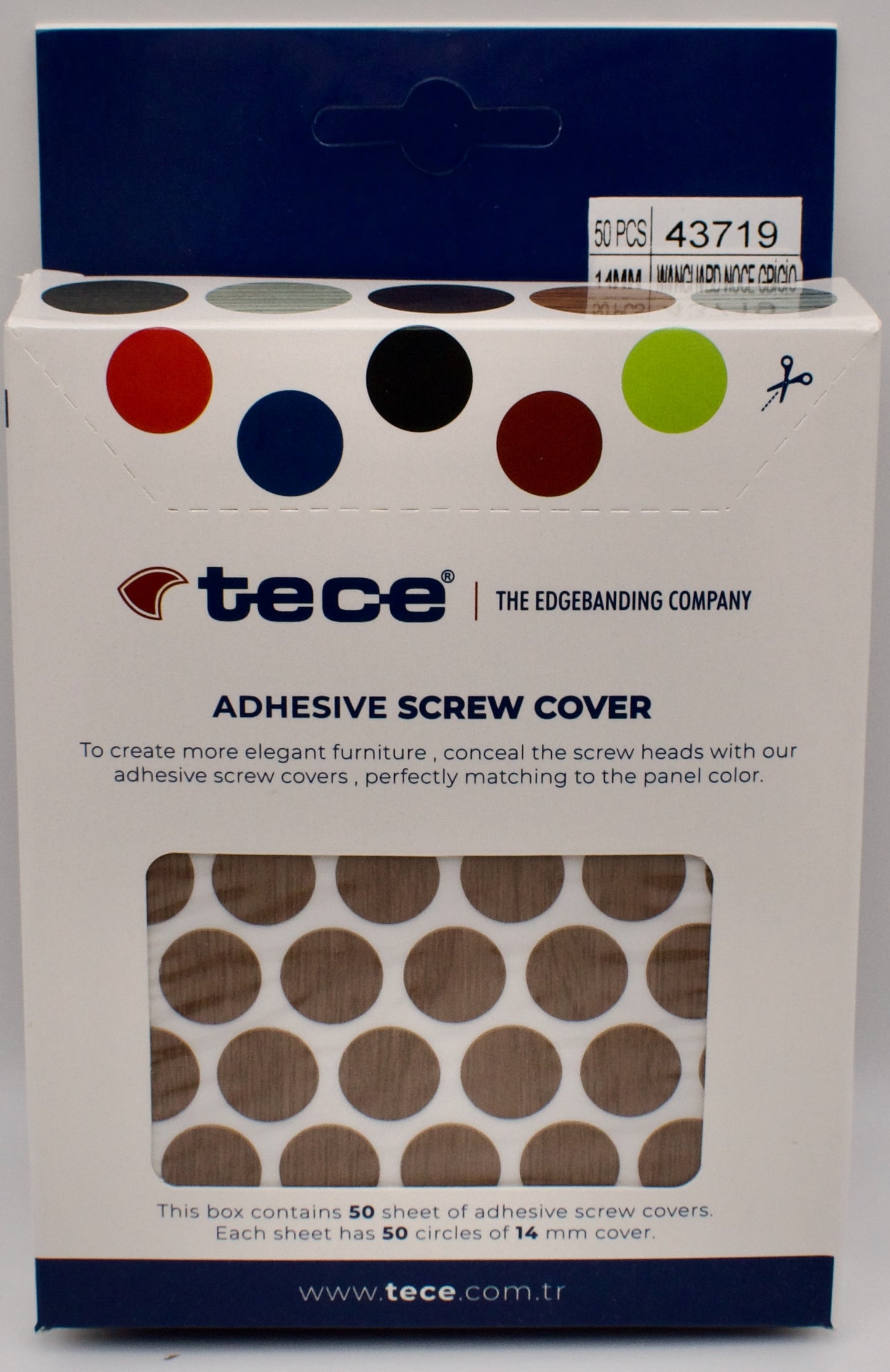 Tece Self Adhesive Screw Hole Cover Caps 14mm - 50 Caps - Wanguard Grey Walnut (P24)