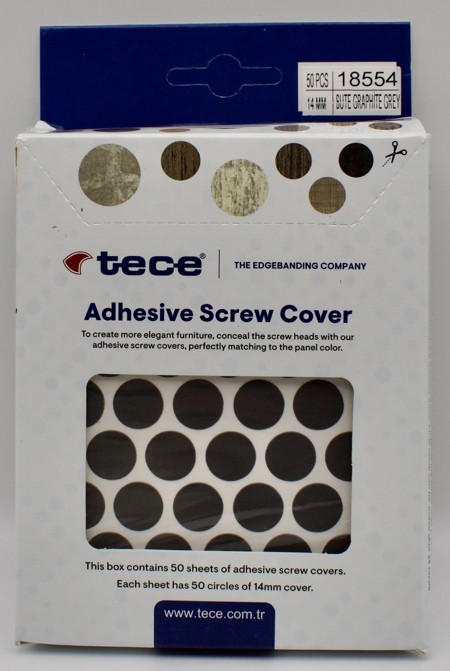 Tece Self Adhesive Screw Hole Cover Caps 14mm - 50 Caps - Graphite Grey (0162 PE)