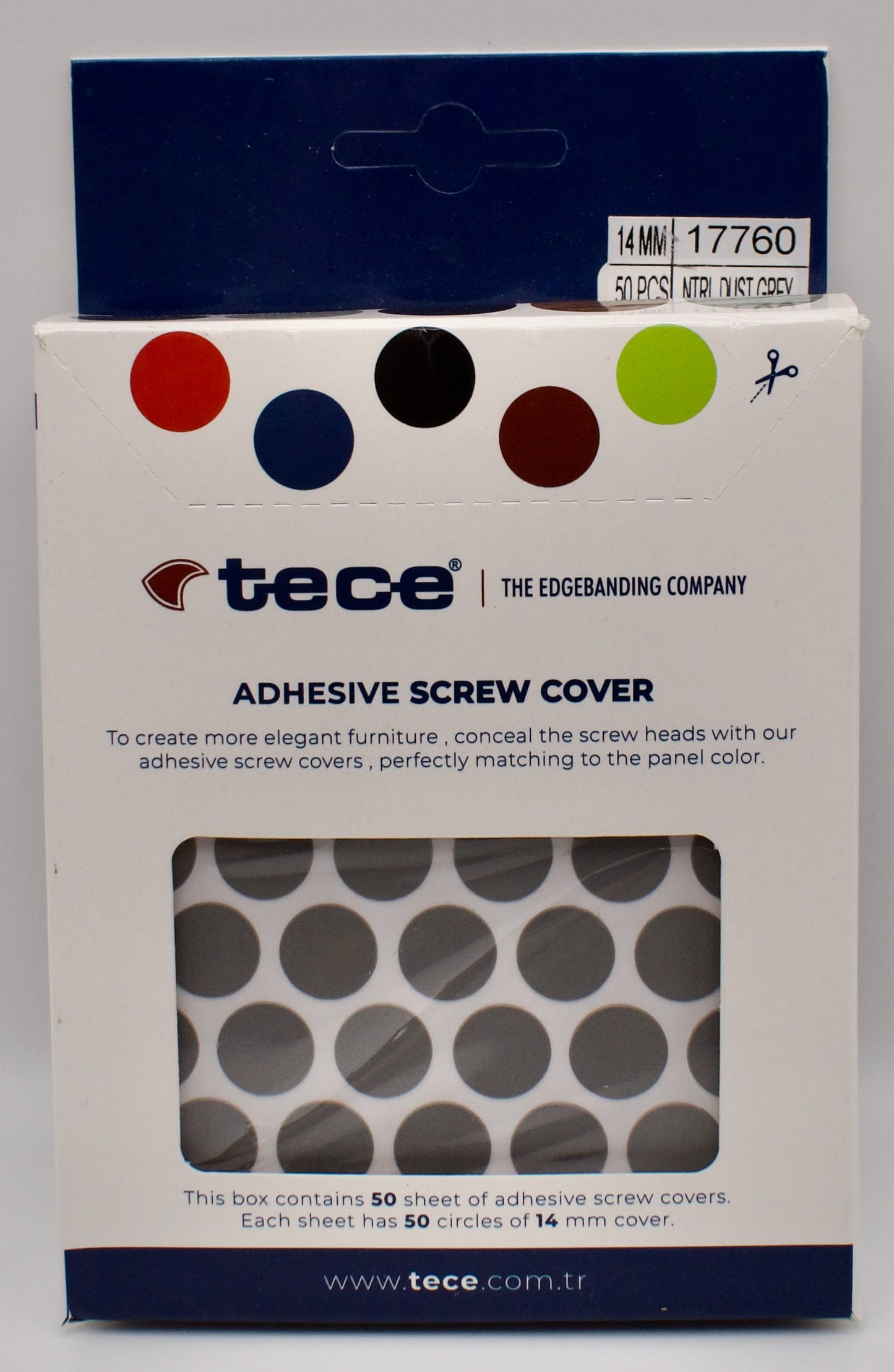 Tece Self Adhesive Screw Hole Cover Caps 14mm - 50 Caps - Natural Dust Grey (U732 ST9)