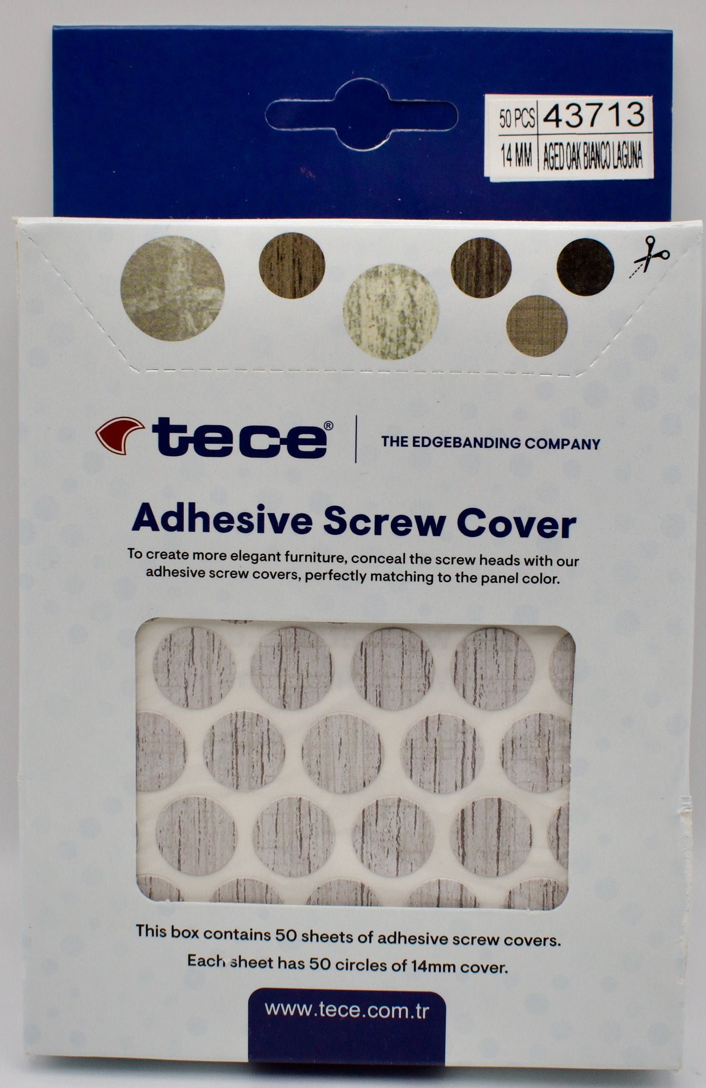 Tece Self Adhesive Screw Hole Cover Caps 14mm - 50 Caps - Aged Oak Bianco Laguna (DV6)