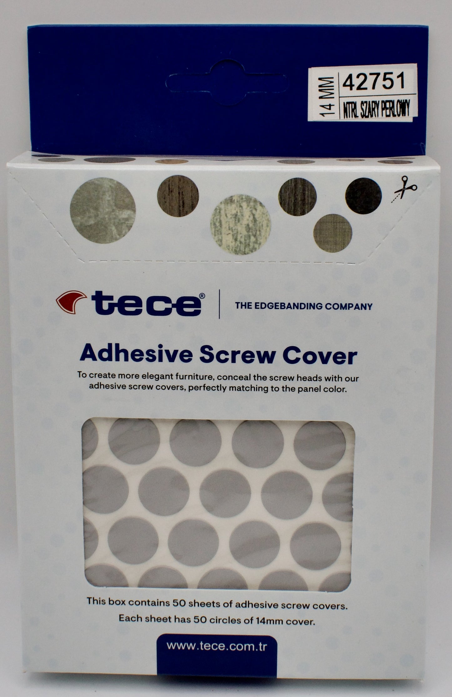 Tece Self Adhesive Screw Hole Cover Caps 14mm - 50 Caps - Pearl Grey Textured (U763 ST9)