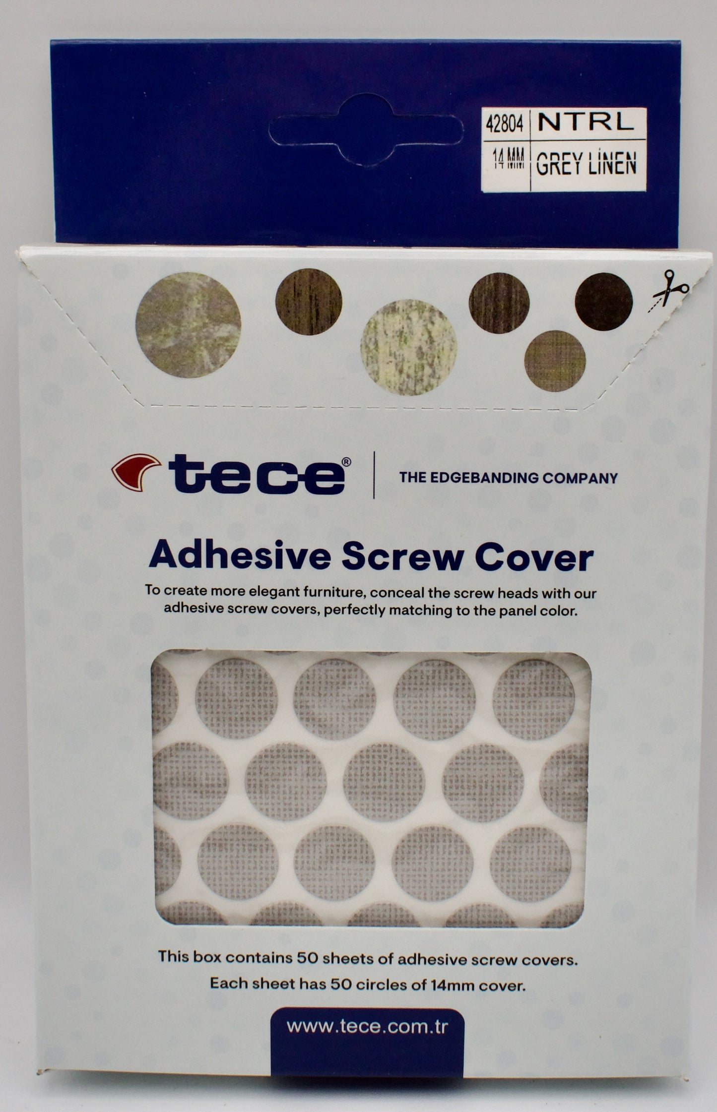 Tece Self Adhesive Screw Hole Cover Caps 14mm - 50 Caps - Grey Linen (F426 ST10)